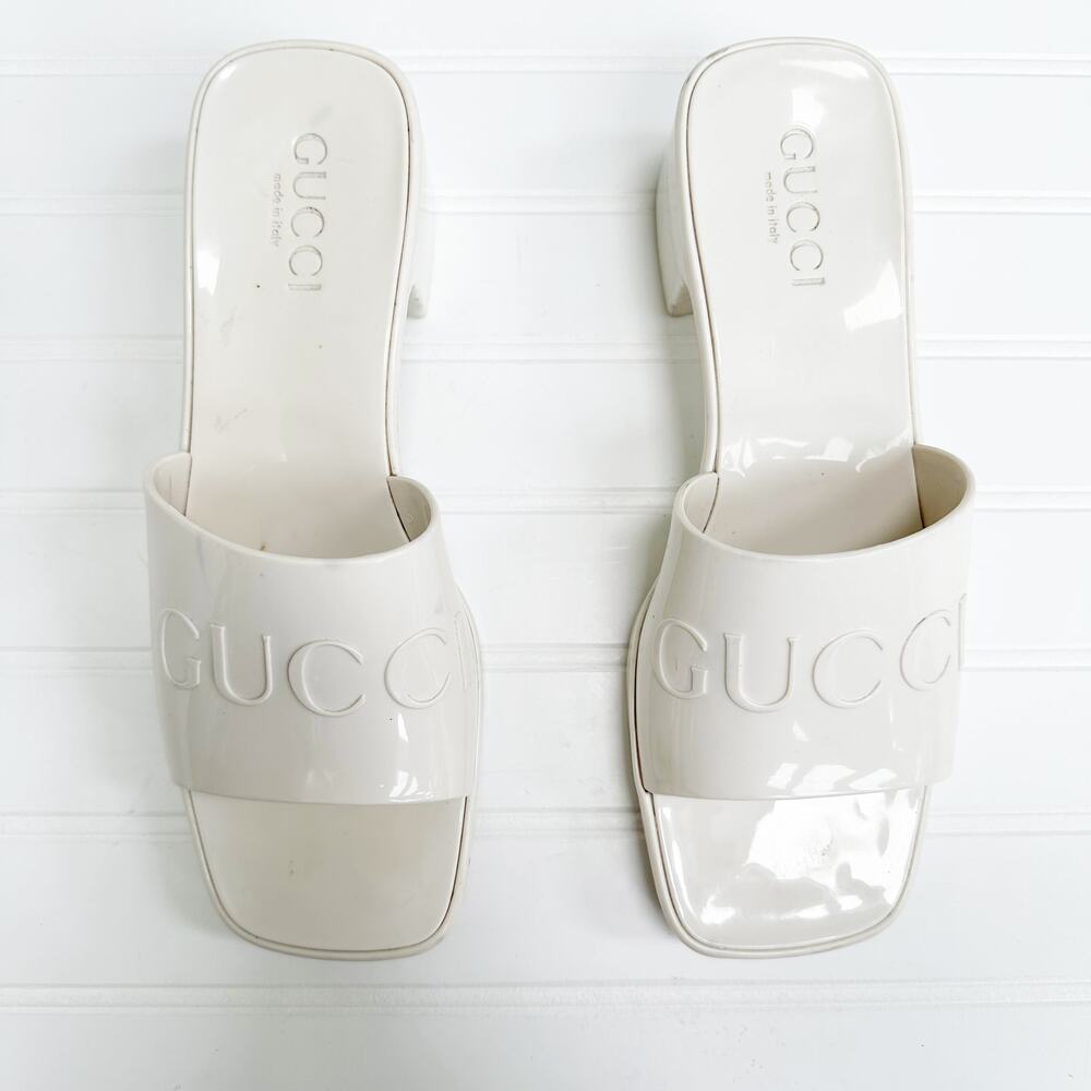 Gucci White Rubber Logo Sandals PVC Glossy Platform Mule Slide Size 39 Plastique